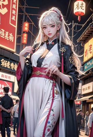 Sexy Pose , (masterpiece),(solo), 1 Japanese beauty, white hair ,  (high sexual attraction,long hair), in the dark night, (sexy Chinese Hanfu+body implants) ,(highly detailed background of ancient Indian achitechture with neon lights) ,Cyberpunk,Enhance,  Chinese fantasy art