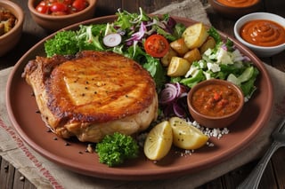 Large chicken chop steak, in baked potatoes with spices. On the sides with an amazing looking salad. In a terracotta plate, sharp focus, studio shot, intricate details, extremely detailed, by Fedya Serafiev.