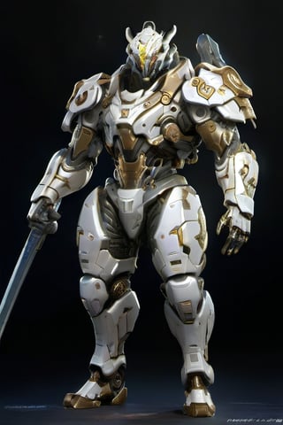 Create an poster image full lenght of a white dragon Robot Mecha Soldier, wearing Futuristic gold and white Soldier Armor and Weapons, Reflection Mapping, Realistic Figure, Hyper Detailed, Cinematic Lighting Photography, hdr, ray tracing, nvidia rtx, super-resolution, unreal 5, subsurface scattering, pbr texturing, post-processing, anisotropic filtering, depth of field, maximum clarity and sharpness, hyper realism, depth of field --ar 51:64 --niji 6 --style raw