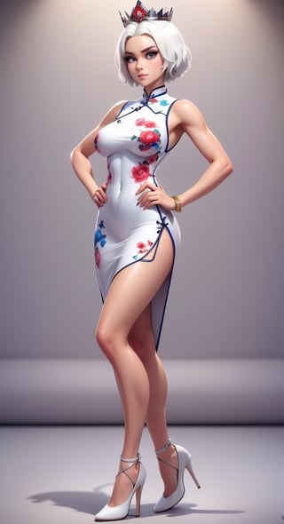 create a full body length of a 1girl, solo, young woman, huge boob, short hair, white hair, blue eyes, female focus, wearing queen crown, sleeveless, white cheongsam, short cheongsam, wearing stoking, wearing high heel, front side view, standing confidently with spread leg and hands on hip, photorealistic, 8k ultra hd,