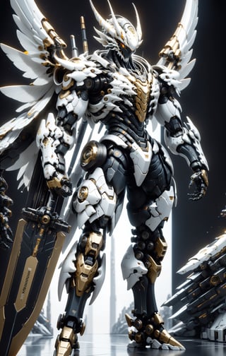 An white dragon Robot Mecha Soldier, Wearing Futuristic gold and black Soldier Armor and Weapons, with mechanical wing and holding the big sword, Reflection Mapping, Realistic Figure, Hyper Detailed, Cinematic Lighting Photography, nvidia rtx, super-resolution, unreal 5, subsurface scattering, pbr texturing, 32k UHD