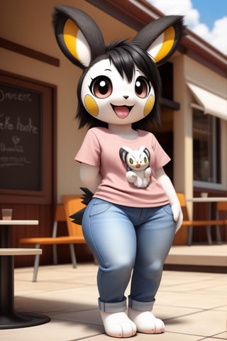 solo (anthro female emolga),
(light pink t-shirt, denim jeans, narrow body, young, paws, black hair, body fur, fur tufts, fur fluff, happy, big eyes, big eyelashes, glistening eyes, very cute, sexy pose, curvy body, full body outside, cafe, inside, hot sunny day, standing)
3d, masterpiece, close up,