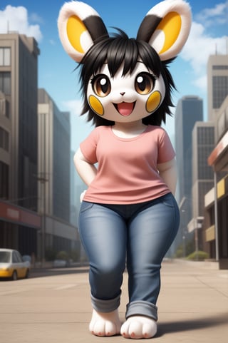 solo (anthro female emolga),
(light pink t-shirt, denim jeans, narrow body, tall body, young, paws, black hair, body fur, fur tufts, fur fluff, happy, big eyes, big eyelashes, glistening eyes, very cute, sexy pose, curvy body, full body outside, big metro city, outside, hot sunny day, standing)
3d, masterpiece, close up,