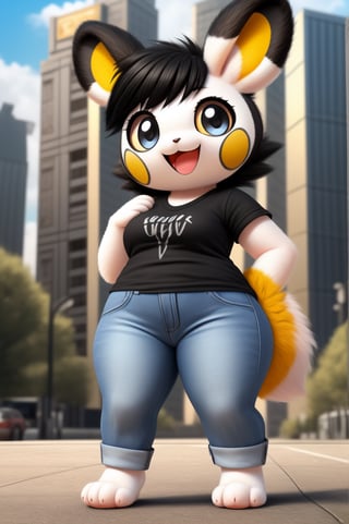 solo (anthro female emolga),
(light pink t-shirt, denim jeans, narrow body, young, paws, black hair, body fur, fur tufts, fur fluff, happy, big eyes, big eyelashes, glistening eyes, very cute, sexy pose, curvy body, full body outside, big metro city, outside, hot sunny day, standing)
3d, masterpiece, close up,