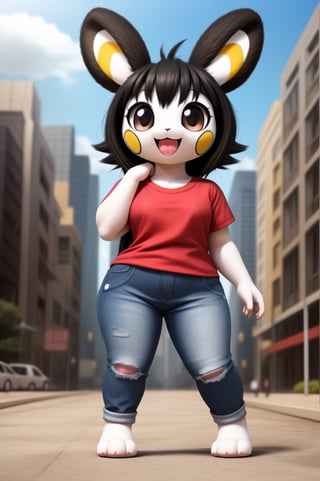 solo (anthro female emolga),
(light pink t-shirt, denim jeans, narrow body, tall body, young, paws, black hair, body fur, fur tufts, fur fluff, happy, big eyes, big eyelashes, glistening eyes, very cute, sexy pose, curvy body, full body outside, big metro city, outside, hot sunny day, standing)
3d, masterpiece, close up,