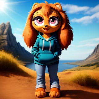 solo (anthro female kiff),
(hoodie, jeans, medium breasts, paws, young, body fur, fur tufts, fur fluff, happy, big eyes, glistening eyes, big eyelashes, very cute, full body, looking at viewer, standing, outside, landscape, hot sunny day)
3d, masterpiece, close up