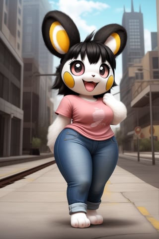 solo (anthro female emolga),
(light pink t-shirt, denim jeans, narrow body, tall body, young, paws, black hair, body fur, fur tufts, fur fluff, happy, big eyes, big eyelashes, glistening eyes, very cute, sexy pose, curvy body, full body outside, big metro city, outside, hot sunny day, standing)
3d, masterpiece, close up,