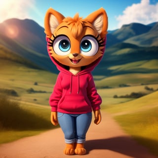 solo (anthro female kiff),
(hoodie, jeans, medium breasts, paws, young, body fur, fur tufts, fur fluff, happy, big eyes, glistening eyes, big eyelashes, very cute, full body, looking at viewer, standing, outside, landscape, hot sunny day)
3d, masterpiece, close up