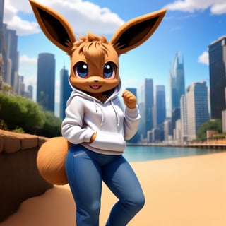 solo (anthro female eevee),
(hoodie, jeans, medium breasts, paws, young, body fur, fur tufts, fur fluff, happy, big eyes, glistening eyes, very cute, full body, looking at viewer, standing, outside, city, near beach, landscape, hot sunny day)
3d, masterpiece, close up,