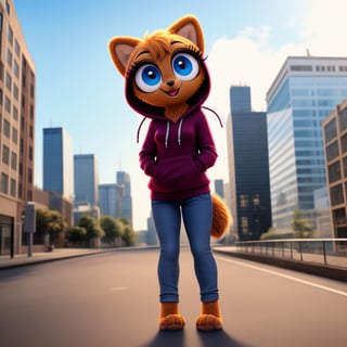 solo (anthro female kiff),
(hoodie, jeans, medium breasts, paws, young, body fur, fur tufts, fur fluff, happy, big eyes, glistening eyes, big eyelashes, very cute, full body, looking at viewer, standing, outside, city, landscape, hot sunny day)
3d, masterpiece, close up