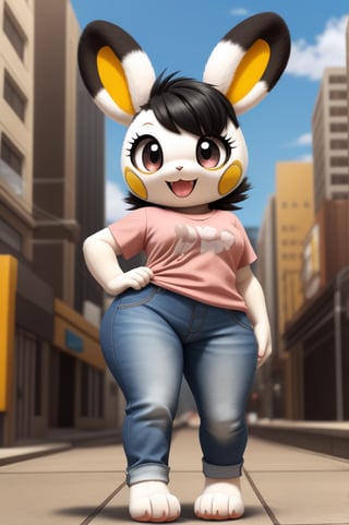 solo (anthro female emolga),
(light pink t-shirt, denim jeans, narrow body, tall body, young, paws, black hair, body fur, fur tufts, fur fluff, happy, big eyes, big eyelashes, glistening eyes, very cute, sexy pose, curvy body, full body outside, big metro city, outside, hot sunny day, standing)
3d, masterpiece, close up,