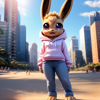 solo (anthro female eevee),
(hoodie, jeans, medium breasts, paws, young, body fur, fur tufts, fur fluff, happy, big eyes, glistening eyes, very cute, full body, looking at viewer, standing, outside, city, near beach, landscape, hot sunny day)
3d, masterpiece, close up,