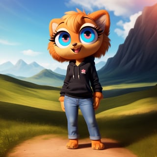 solo (anthro female kiff),
(hoodie, jeans, medium breasts, paws, young, body fur, fur tufts, fur fluff, happy, big eyes, glistening eyes, big eyelashes, very cute, full body, looking at viewer, standing, outside, landscape, hot sunny day)
3d, masterpiece, close up