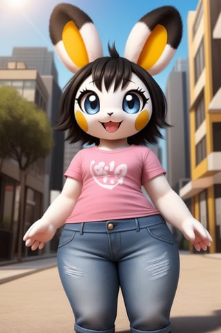 solo (anthro female emolga),
(light pink t-shirt, denim jeans, narrow body, young, paws, black hair, body fur, fur tufts, fur fluff, happy, big eyes, big eyelashes, glistening eyes, very cute, sexy pose, curvy body, full body outside, big metro city, outside, hot sunny day, standing)
3d, masterpiece, close up,