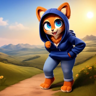 solo (anthro female kiff),
(hoodie, jeans, medium breasts, paws, young, body fur, fur tufts, fur fluff, happy, big eyes, glistening eyes, big eyelashes, very cute, full body, looking at viewer, standing, outside, landscape, hot sunny day)
3d, masterpiece, close up