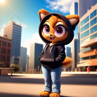 solo (anthro female kiff),
(hoodie, jeans, medium breasts, paws, young, body fur, fur tufts, fur fluff, happy, big eyes, glistening eyes, big eyelashes, very cute, full body, looking at viewer, standing, outside, city, landscape, hot sunny day)
3d, masterpiece, close up