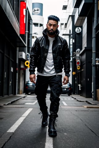 The image is epic, an imposing Japanese man, short and thin, with black hair and a well-kept beard, he has wolfish features, he is wearing an Adidas jacket, tactical cargo pants, high black military boots, he is using a mobile phone. beard, rogue, punk boots, The background represents a cybercity, electrical reflections, mechanical spiders crawl on the floor, pircings,