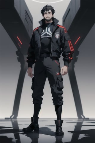 The image is epic, an imposing Japanese man, short and thin, with black hair and a well-kept beard, he has wolfish features, he is wearing an Adidas jacket, tactical cargo pants, high black military boots, he is using a mobile phone.  The background represents a cybercity, electrical reflections, mechanical spiders