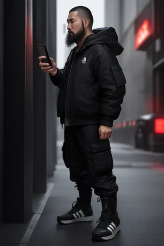 thirty years old, Japanese, black short hair, white long streak, black adidas black jacket, thin, short beard, cyberpunk style, ninja, wherewolf style, has a smartphone in one hand, dark cargo pants, black high boots
