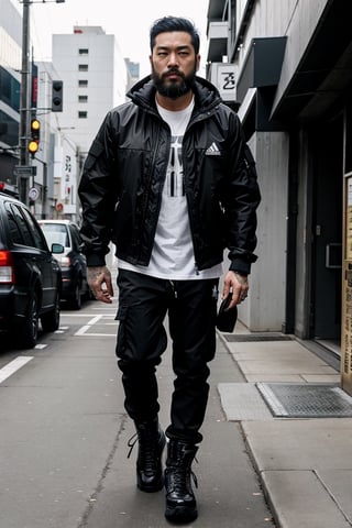 The image is epic, an imposing Japanese man, short and thin, with black hair and a well-kept beard, he has wolfish features, he is wearing an Adidas jacket, tactical cargo pants, high black military boots, he is using a mobile phone. beard, rogue, punk boots, The background represents a cybercity, electrical reflections, mechanical spiders crawl on the floor, pircings,