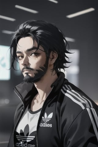 thirty years old, Japanese, black hair with white streaks, black adidas tracksuit, thin, short beard, cyberpunk style, ninja style