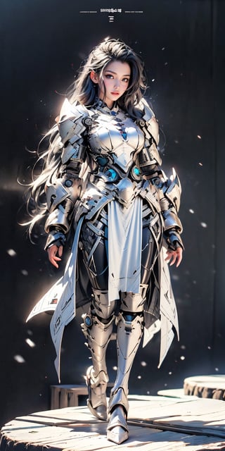 4k,ultra detailed, best quality, masterpiece, 20yo 1girl, ((Full body armor,complex multi-layered mecha armor, scale armor, many complex armor elements, ultra light tight armor, no helmet, insane detail full leg armor)) 

grey hair, long hair, (Beautiful and detailed eyes),
Detailed face, detailed eyes, double eyelids, real hands, ((short hair with long locks:1.2)), black hair, black background,


real person, color splash style photo,
,dragon ear