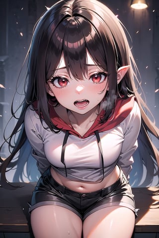 Anime girl, very detailed illustration, 8K.((masterpiece, best quality))). (high quality),(16k),(perfect hand anatomy),masterpiece. (((vampire girl)))) (((long hair black))). red eyes like ruby. wearing a hoodie sweatshirt short shorts. small height 160 cm. vampire teeth. night park. drinking tomato juice through a tube.,(motion sex)