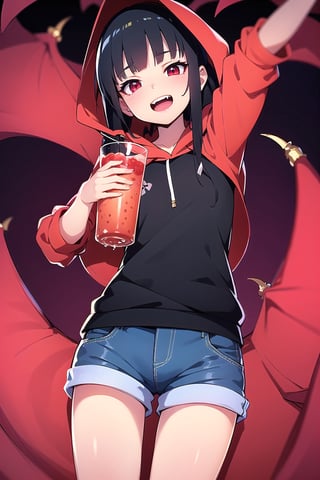 Anime girl, very detailed illustration, 8K.((masterpiece, best quality))). (high quality),(16k),(perfect hand anatomy),masterpiece. (((vampire girl)))) (((long hair black))). red eyes like ruby. wearing a hoodie sweatshirt short shorts. small height 160 cm. vampire teeth. night park. drinking tomato juice through a tube.