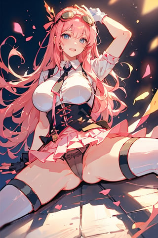 (plays the character Watalidaoli Simca in air gear), 1 girl, solo, smile, perfect face, make-up, stick out tongue, excited face, blush, big breasts, no underwear, black panties exposed, long pink hair, perfect ass, sexy suspender black stockings, wearing white Japanese high school uniform, fingerless gloves, wearing boots, hands near waist, goggles on head, sexy pose, full_body(Best quality, masterpiece, realistic, highly detailed ), 
,spread legs,straddle split,