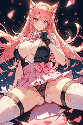 (plays the character Watalidaoli Simca in air gear), 1 girl, solo, smile, perfect face, make-up, stick out tongue, excited face, blush, big breasts, no underwear, black panties exposed, long pink hair, perfect ass, sexy suspender black stockings, wearing white Japanese high school uniform, fingerless gloves, wearing boots, hands near waist, goggles on head, sexy pose, full_body(Best quality, masterpiece, realistic, highly detailed ), 
,spread legs,straddle split,