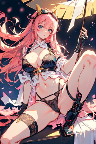 (plays the character Watalidaoli Simca in air gear), 1 girl, solo, smile, perfect face, make-up, stick out tongue, excited face, blush, big breasts, no underwear, black panties exposed, long pink hair, perfect ass, sexy suspender black stockings, wearing white Japanese high school uniform, fingerless gloves, wearing boots, hands near waist, goggles on head, sexy pose, full_body(Best quality, masterpiece, realistic, highly detailed ), 
,spread legs,straddle split,