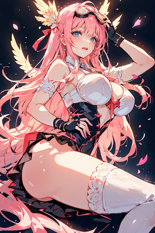 (plays the character Watalidaoli Simca in air gear), 1 girl, solo, smile, perfect face, make-up, stick out tongue, excited face, blush, big breasts, no underwear, black panties exposed, long pink hair, perfect ass, sexy suspender black stockings, wearing white Japanese high school uniform, fingerless gloves, wearing boots, hands near waist, goggles on head, sexy pose, full_body(Best quality, masterpiece, realistic, highly detailed ), 
,spread legs,straddle split,