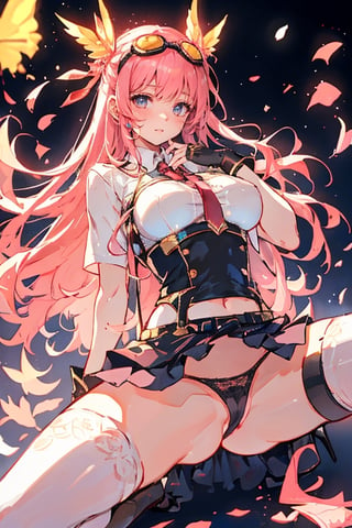 (plays the character Watalidaoli Simca in air gear), 1 girl, solo, smile, perfect face, make-up, stick out tongue, excited face, blush, big breasts, no underwear, black panties exposed, long pink hair, perfect ass, sexy suspender black stockings, wearing white Japanese high school uniform, fingerless gloves, wearing boots, hands near waist, goggles on head, sexy pose, full_body(Best quality, masterpiece, realistic, highly detailed ), 
,spread legs,straddle split,