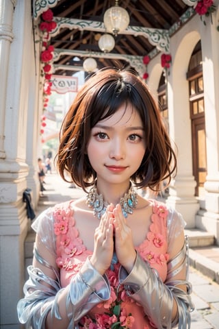 1girl, Beautiful eyes, detailed eyes, big eyes, praying poses, looking to viewer,smiling, cleavge, calm sunshine, flower , temples , bagan, myanmar, acmm ss outfit,Myanmar,praying