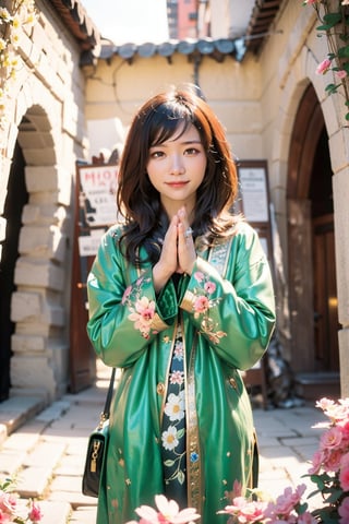 1girl, Beautiful eyes, detailed eyes, big eyes, praying poses, looking to viewer,smiling, cleavge, calm sunshine, flower , temples , bagan, myanmar, acmm ss outfit,Myanmar,praying