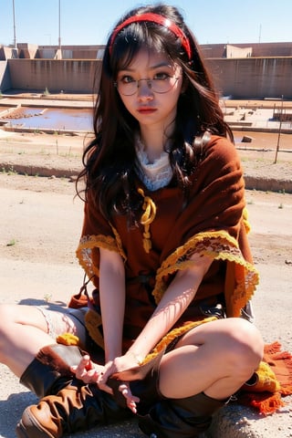 One 18yo beautiful girl ,(glasses:1.3) ,slightly smile ,(wearing lace indian poncho and boots and hairband:1.5), over sized eyes, drawn action: (the girl must be sitting around a barren red earth wasteland dam:1.4),(The wind blows her long hair:1.4), cowboy shot,perfect lighting ,perfect shadow ,,HDR,white skin,1 girl ,solo,beauty,girl,