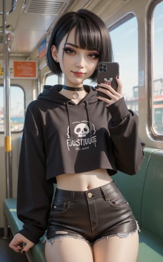 score_9, score_8_up, score_7_up, rating_explicit, BREAK, black hair, bob cut hair, neck length hair, bangs, goth, emo, punk, 1girl, high detail, dramatic lighting, on subway train, eye makup, eyeshadow, feminine face, tall, slim, long face, slim waist, feminine jaw, white skin, pale skin, looking at viewer, holding phone pose, black eyeliner, eyeshadow, smug, confident, black hoodie, sleeves too long, moe sleeves, sleeves past wrist, clothes too big, cutoff jean high leg shorts, skin tight jean shorts, autistic
, Expressiveh,concept art