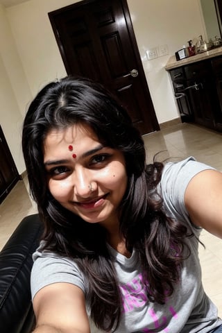 beautiful cute young attractive indian teenage girl, 18 years old, cute,  Instagram model, long black_hair, colorful hair, warm, at home, indian, solo selfie
