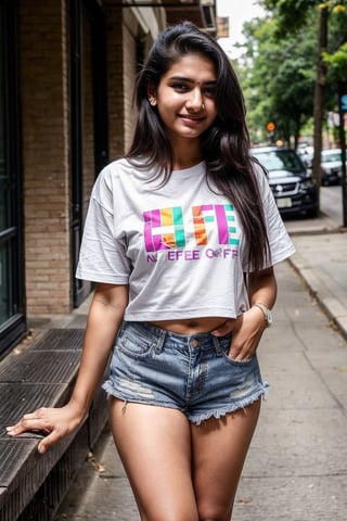 beautiful cute young attractive indian teenage girl, 18 years old, cute,  Instagram model, long black_hair, colorful hair, warm, at home,1girl, solo, indian, oversized tshirt, bra strap, denim shorts, coffe cup, street