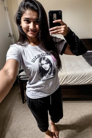 beautiful cute young attractive indian teenage girl, 18 years old, cute,  Instagram model, long black_hair, colorful hair, warm, at home, indian,  full body, selfie, pyjama, tshirt
