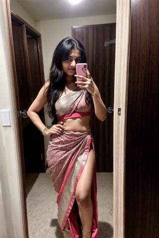 beautiful cute young attractive indian teenage girl, 18 years old, cute,  Instagram model, long black_hair, colorful hair, warm,1girl, solo, indian, at home, western dress, mirror selfie