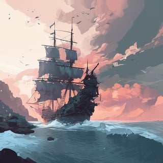 flying dutchman, landscape photography,Flat vector art,Eve3D,nodf_lora,SAM YANG,guweiz style,Vector illustration