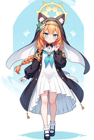 mariSerafuku, mari (blue archive), orange hair, sailor collar, blue eyes, blue neckerchief, animal ear headwear, long hair, nun, long sleeves, neckerchief, dress, flower,white sailor collar,bangs, braid, hat, single braid, hat flower, halo, mariTrack, flower, hair flower, mari (blue archive), animal ears, hair ornament, halo, jacket, long hair, shoes, socks, shirt, animal ear fluff, blue eyes,official alternate costume, white socks, orange hair, white flower, looking at viewer