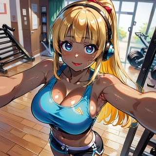 score_9, score_8_up, score_7_up, masterpiece, best quality, highres, 1girl, curvy, anime eyes, large eyes, blue eyes, kawaii anime style, very kawaii anime style, super kawaii anime style, super cute anime style, cute anime style, sexy anime style, cute girl, kawaii, cute, kawaii girl, red eyeshadow, eyeshadow, long eyelashes, eyeliner, blush, red lipstick, medium lips, full lip, full_lips, smile, upper_body, face_only, close up, face only, close_up, face, solo girl, solo_girl, 1 girl, so cute, very_cute_girl, hime_cut, hime cut, red eyeshadow, red_eyeshadow, long eyelashes, long_eyelashes, red_lipstick, red lipstick, age 25, cat_shaped_eyes, fox_shaped_eyes, thick_eyelashes, very_thick_eyelashes, thick eyelashes, blonde hair, blonde_hair, bright blonde hair, bright_blonde_hair, gym,, weight_room, treadmills, treadmill, headphones over ears, black headphones over ears, black headphones, headphones_over_ears, brown_girl, brown skin, brown_skin, brown skinned, dark skin, dark_skinned, brown_skinned, blue sports bra, blue_sports_bra, small sports bra, tight sports bra, tight_sports_bra, extremely tight sports bra, midriff, exposed midriff, exposed_midriff, large ponytail, large_ponytail, long ponytail, long_ponytail, massive breasts, black shorts, side boobs, side_boobs, side_boob, side boob, curvy hips, curvy_hips, wide_hips, wide hips, thick thighs, thigh_thighs, toned body, toned_body, abs, view from above, from_above, from above, view_from_above, leaning forward, leaning_forward, standing, sweating, girl sweating, girl_sweating, downblouse, down blouse, down_blouse, yoga, yoga posing, yoga_posing, areal view, areal_view, girl looking up, from_side, blush, blushing, girl blushing, red blush, pink blush, selfie, selfshot, self_shot, mirror, mirror selfie, mirror_selfie