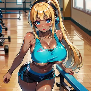 score_9, score_8_up, score_7_up, masterpiece, best quality, highres, 1girl, curvy, anime eyes, large eyes, neon blue eyes, neon_blue_eyes, kawaii anime style, very kawaii anime style, super kawaii anime style, super cute anime style, cute anime style, sexy anime style, cute girl, kawaii, cute, kawaii girl, red eyeshadow, eyeshadow, long eyelashes, eyeliner, blush, red lipstick, medium lips, full lip, full_lips, smile, upper_body, face_only, close up, face only, close_up, face, solo girl, solo_girl, 1 girl, so cute, very_cute_girl, hime_cut, hime cut, red eyeshadow, red_eyeshadow, long eyelashes, long_eyelashes, red_lipstick, red lipstick, age 25, cat_shaped_eyes, fox_shaped_eyes, thick_eyelashes, very_thick_eyelashes, thick eyelashes, blonde hair, blonde_hair, bright blonde hair, bright_blonde_hair, gym,, weight_room, treadmills, treadmill, headphones over ears, black headphones over ears, black headphones, headphones_over_ears, brown_girl, brown skin, brown_skin, brown skinned, dark skin, dark_skinned, brown_skinned, blue sports bra, blue_sports_bra, small sports bra, tight sports bra, tight_sports_bra, extremely tight sports bra, midriff, exposed midriff, exposed_midriff, large ponytail, large_ponytail, long ponytail, long_ponytail, massive breasts, black shorts, side boobs, side_boobs, side_boob, side boob, curvy hips, curvy_hips, wide_hips, wide hips, thick thighs, thigh_thighs, toned body, toned_body, abs, view from above, from_above, from above, view_from_above, standing, sweating, girl sweating, girl_sweating, yoga, yoga posing, yoga_posing, areal view, areal_view, girl looking up, from_side, blush, blushing, girl blushing, red blush, pink blush, underboob, under boob