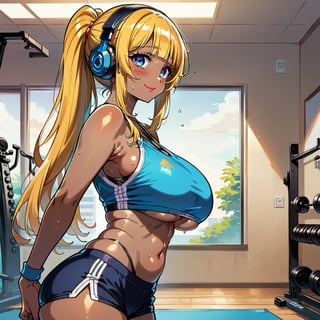 score_9, score_8_up, score_7_up, masterpiece, best quality, highres, 1girl, curvy, anime eyes, large eyes, blue eyes, kawaii anime style, very kawaii anime style, super kawaii anime style, super cute anime style, cute anime style, sexy anime style, cute girl, kawaii, cute, kawaii girl, red eyeshadow, eyeshadow, long eyelashes, eyeliner, blush, red lipstick, medium lips, full lip, full_lips, smile, upper_body, face_only, close up, face only, close_up, face, solo girl, solo_girl, 1 girl, so cute, very_cute_girl, hime_cut, hime cut, red eyeshadow, red_eyeshadow, long eyelashes, long_eyelashes, red_lipstick, red lipstick, age 25, cat_shaped_eyes, fox_shaped_eyes, thick_eyelashes, very_thick_eyelashes, thick eyelashes, blonde hair, blonde_hair, bright blonde hair, bright_blonde_hair, gym,, weight_room, treadmills, treadmill, headphones over ears, black headphones over ears, black headphones, headphones_over_ears, brown_girl, brown skin, brown_skin, brown skinned, dark skin, dark_skinned, brown_skinned, blue sports bra, blue_sports_bra, small sports bra, tight sports bra, tight_sports_bra, extremely tight sports bra, midriff, exposed midriff, exposed_midriff, large ponytail, large_ponytail, long ponytail, long_ponytail, massive breasts, black shorts, side boobs, side_boobs, side_boob, side boob, curvy hips, curvy_hips, wide_hips, wide hips, thick thighs, thigh_thighs, toned body, toned_body, abs, view from below, from_below, from below, view_from_below, standing, sweating, girl sweating, girl_sweating, yoga, yoga posing, yoga_posing, girl looking up, from_side, blush, blushing, girl blushing, red blush, pink blush, leaning forward, leaning_forward, under boob, underboob, under_boob