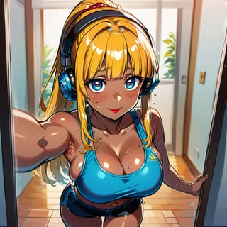 score_9, score_8_up, score_7_up, masterpiece, best quality, highres, 1girl, curvy, anime eyes, large eyes, blue eyes, kawaii anime style, very kawaii anime style, super kawaii anime style, super cute anime style, cute anime style, sexy anime style, cute girl, kawaii, cute, kawaii girl, red eyeshadow, eyeshadow, long eyelashes, eyeliner, blush, red lipstick, medium lips, full lip, full_lips, smile, upper_body, face_only, close up, face only, close_up, face, solo girl, solo_girl, 1 girl, so cute, very_cute_girl, hime_cut, hime cut, red eyeshadow, red_eyeshadow, long eyelashes, long_eyelashes, red_lipstick, red lipstick, age 25, cat_shaped_eyes, fox_shaped_eyes, thick_eyelashes, very_thick_eyelashes, thick eyelashes, blonde hair, blonde_hair, bright blonde hair, bright_blonde_hair, gym,, weight_room, treadmills, treadmill, headphones over ears, black headphones over ears, black headphones, headphones_over_ears, brown_girl, brown skin, brown_skin, brown skinned, dark skin, dark_skinned, brown_skinned, blue sports bra, blue_sports_bra, small sports bra, tight sports bra, tight_sports_bra, extremely tight sports bra, midriff, exposed midriff, exposed_midriff, large ponytail, large_ponytail, long ponytail, long_ponytail, massive breasts, black shorts, side boobs, side_boobs, side_boob, side boob, curvy hips, curvy_hips, wide_hips, wide hips, thick thighs, thigh_thighs, toned body, toned_body, abs, view from above, from_above, from above, view_from_above, standing, sweating, girl sweating, girl_sweating, yoga, yoga posing, yoga_posing, areal view, areal_view, girl looking up, from_side, blush, blushing, girl blushing, red blush, pink blush, selfie, selfshot, self_shot, mirror, mirror selfie, mirror_selfie