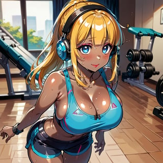 score_9, score_8_up, score_7_up, masterpiece, best quality, highres, 1girl, curvy, anime eyes, large eyes, neon blue eyes, neon_blue_eyes, kawaii anime style, very kawaii anime style, super kawaii anime style, super cute anime style, cute anime style, sexy anime style, cute girl, kawaii, cute, kawaii girl, red eyeshadow, eyeshadow, long eyelashes, eyeliner, blush, red lipstick, medium lips, full lip, full_lips, smile, upper_body, face_only, close up, face only, close_up, face, solo girl, solo_girl, 1 girl, so cute, very_cute_girl, hime_cut, hime cut, red eyeshadow, red_eyeshadow, long eyelashes, long_eyelashes, red_lipstick, red lipstick, age 25, cat_shaped_eyes, fox_shaped_eyes, thick_eyelashes, very_thick_eyelashes, thick eyelashes, blonde hair, blonde_hair, bright blonde hair, bright_blonde_hair, gym,, weight_room, treadmills, treadmill, headphones over ears, black headphones over ears, black headphones, headphones_over_ears, brown_girl, brown skin, brown_skin, brown skinned, dark skin, dark_skinned, brown_skinned, blue sports bra, blue_sports_bra, small sports bra, tight sports bra, tight_sports_bra, extremely tight sports bra, midriff, exposed midriff, exposed_midriff, large ponytail, large_ponytail, long ponytail, long_ponytail, massive breasts, black shorts, side boobs, side_boobs, side_boob, side boob, curvy hips, curvy_hips, wide_hips, wide hips, thick thighs, thigh_thighs, toned body, toned_body, abs, view from above, from_above, from above, view_from_above, standing, sweating, girl sweating, girl_sweating, yoga, yoga posing, yoga_posing, areal view, areal_view, girl looking up, blush, blushing, girl blushing, red blush, pink blush, underboob, under boob, leaning forward, leaning_forward, cleavage, deep cleavage, deep_cleavage 