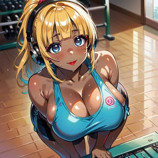 score_9, score_8_up, score_7_up, masterpiece, best quality, highres, 1girl, curvy, anime eyes, large eyes, blue eyes, kawaii anime style, very kawaii anime style, super kawaii anime style, super cute anime style, cute anime style, sexy anime style, cute girl, kawaii, cute, kawaii girl, red eyeshadow, eyeshadow, long eyelashes, eyeliner, blush, red lipstick, medium lips, full lip, full_lips, smile, upper_body, face_only, close up, face only, close_up, face, solo girl, solo_girl, 1 girl, so cute, very_cute_girl, hime_cut, hime cut, red eyeshadow, red_eyeshadow, long eyelashes, long_eyelashes, red_lipstick, red lipstick, age 25, cat_shaped_eyes, fox_shaped_eyes, thick_eyelashes, very_thick_eyelashes, thick eyelashes, blonde hair, blonde_hair, bright blonde hair, bright_blonde_hair, gym,, weight_room, treadmills, treadmill, headphones over ears, black headphones over ears, black headphones, headphones_over_ears, brown_girl, brown skin, brown_skin, brown skinned, dark skin, dark_skinned, brown_skinned, blue sports bra, blue_sports_bra, small sports bra, tight sports bra, tight_sports_bra, extremely tight sports bra, midriff, exposed midriff, exposed_midriff, large ponytail, large_ponytail, long ponytail, long_ponytail, massive breasts, black shorts, side boobs, side_boobs, side_boob, side boob, curvy hips, curvy_hips, wide_hips, wide hips, thick thighs, thigh_thighs, toned body, toned_body, abs, view from above, from_above, from above, view_from_above, leaning forward, leaning_forward, standing, sweating, girl sweating, girl_sweating, downblouse, down blouse, down_blouse, yoga, yoga posing, yoga_posing, areal view, areal_view, girl looking up, huge ass, massive ass, gigantic ass, humongous ass, view from side, from side, view_from_side, from_side, blush, blushing, girl blushing, red blush, pink blush, 