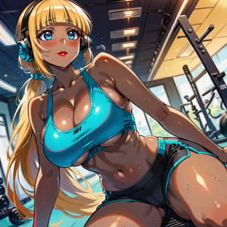 score_9, score_8_up, score_7_up, masterpiece, best quality, highres, 1girl, curvy, anime eyes, large eyes, neon blue eyes, neon_blue_eyes, kawaii anime style, very kawaii anime style, super kawaii anime style, super cute anime style, cute anime style, sexy anime style, cute girl, kawaii, cute, kawaii girl, red eyeshadow, eyeshadow, long eyelashes, eyeliner, blush, red lipstick, medium lips, full lip, full_lips, smile, upper_body, face_only, close up, face only, close_up, face, solo girl, solo_girl, 1 girl, so cute, very_cute_girl, hime_cut, hime cut, red eyeshadow, red_eyeshadow, long eyelashes, long_eyelashes, red_lipstick, red lipstick, age 25, cat_shaped_eyes, fox_shaped_eyes, thick_eyelashes, very_thick_eyelashes, thick eyelashes, blonde hair, blonde_hair, bright blonde hair, bright_blonde_hair, gym,, weight_room, treadmills, treadmill, headphones over ears, black headphones over ears, black headphones, headphones_over_ears, brown_girl, brown skin, brown_skin, brown skinned, dark skin, dark_skinned, brown_skinned, blue sports bra, blue_sports_bra, small sports bra, tight sports bra, tight_sports_bra, extremely tight sports bra, midriff, exposed midriff, exposed_midriff, large ponytail, large_ponytail, long ponytail, long_ponytail, massive breasts, black shorts, side boobs, side_boobs, side_boob, side boob, curvy hips, curvy_hips, wide_hips, wide hips, thick thighs, thigh_thighs, toned body, toned_body, abs, view from below, from_below, from below, view_from_below, on knees, sweating, girl sweating, girl_sweating, yoga, yoga posing, yoga_posing, girl looking up, blush, blushing, girl blushing, red blush, pink blush, underboob, under boob, leaning back, leaning_back, cleavage, deep cleavage, deep_cleavage, micro sports bra, micro_sports_bra